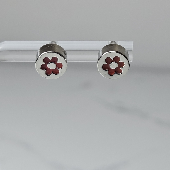 Elegant Silver and Red Floral Earrings - Picture 1 of 7